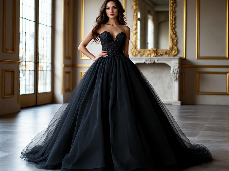 Stunning Princess Black wedding dress with fitted satin bodice and intricate black lace detailing, voluminous tulle overlay, high illusion neckline, and sweeping train, embodying modern elegance and timeless sophistication.