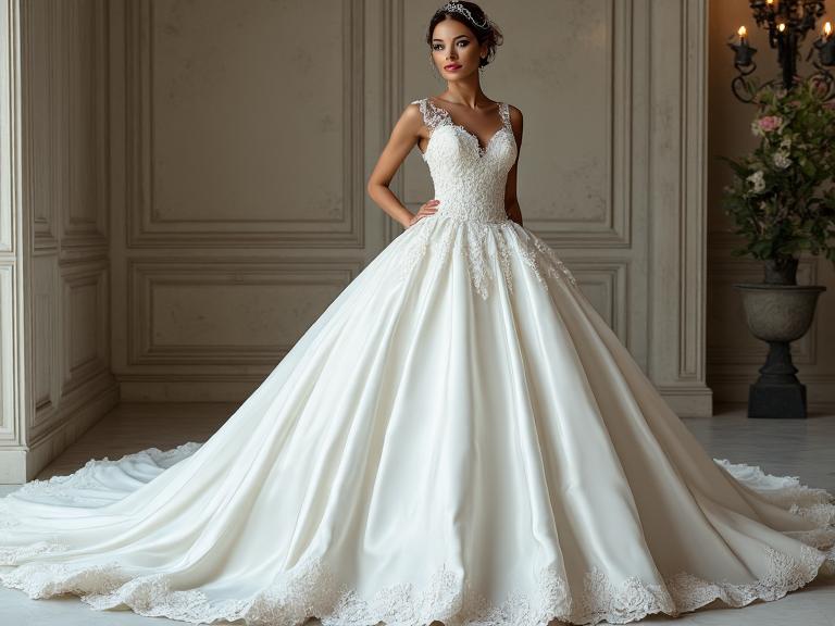 Alt text for a stunning Princess Classy wedding dress featuring a fitted bodice with intricate lace appliqués, a voluminous satin skirt cascading to the floor, and a sweetheart neckline, showcasing elegance and romance perfect for weddings.