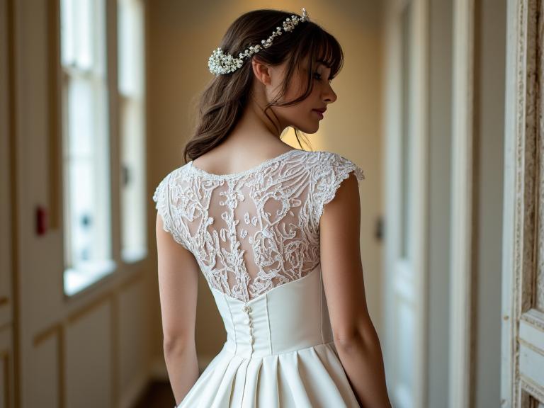 A-line wedding dress with intricate lace bodice, flowing satin skirt, delicate cap sleeves, scoop neckline, illusion lace back panel, and satin-covered buttons for an elegant and romantic bridal look.