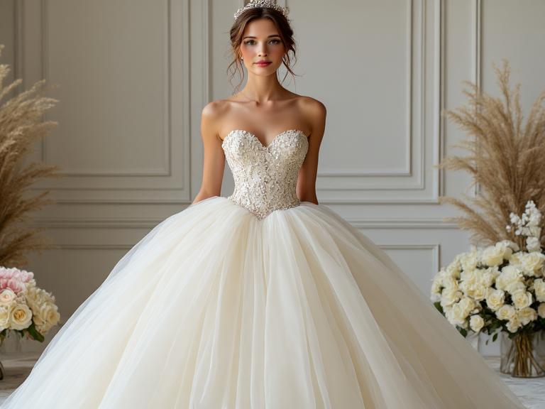 "Enchanting Princess Glitter gown featuring a voluminous tulle skirt, fitted satin bodice with intricate sequin detailing, sweetheart neckline, delicate straps, and a shimmering waistline, perfect for a fairy-tale wedding."