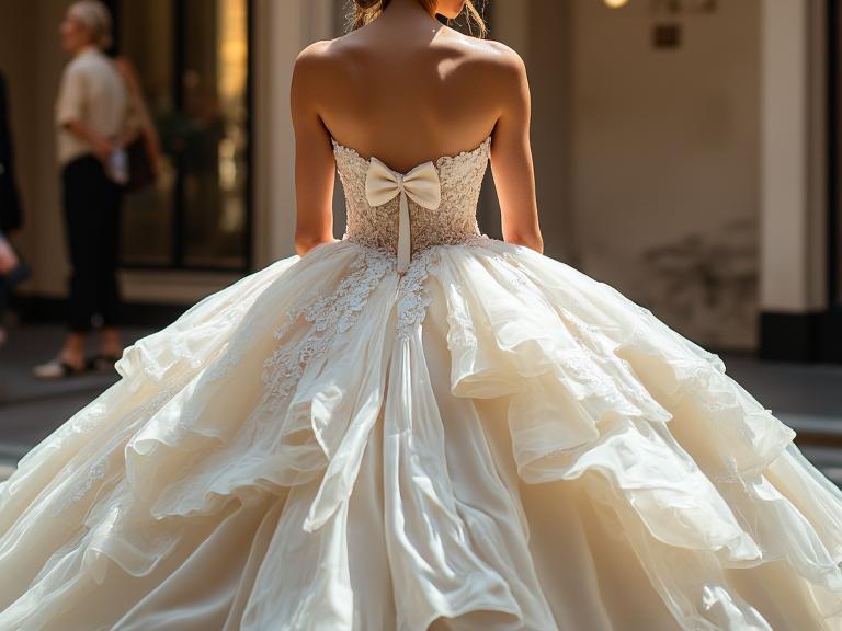 Stunning Princess Ballgown with luxurious satin layers, sweetheart neckline with lace detailing, voluminous skirt, and exquisite bow at the back, perfect for a fairytale wedding.