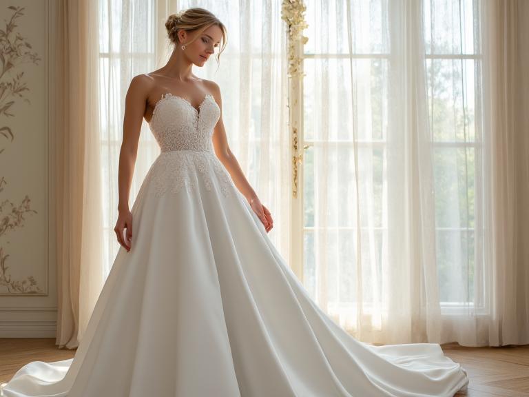 A stunning A-line satin wedding dress with a flowing skirt, intricate lace appliqués on the bodice, and a classic sweetheart neckline, perfect for a romantic fairy-tale wedding.