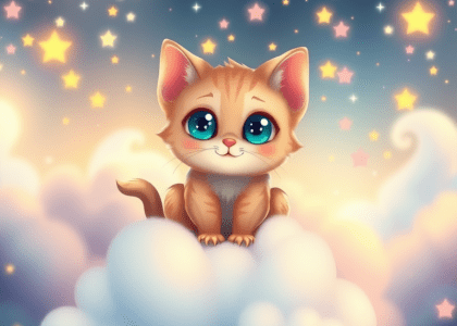 Cute cartoon cat on a plush cloud in a magical fairy tale setting with twinkling stars and pastel colors, ideal for cat lovers and dreamers.