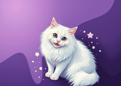Fluffy white cat drawing on a purple painting wallpaper, featuring aesthetic white cats, cute cat photography, and artistic white cat illustrations for a charming background.