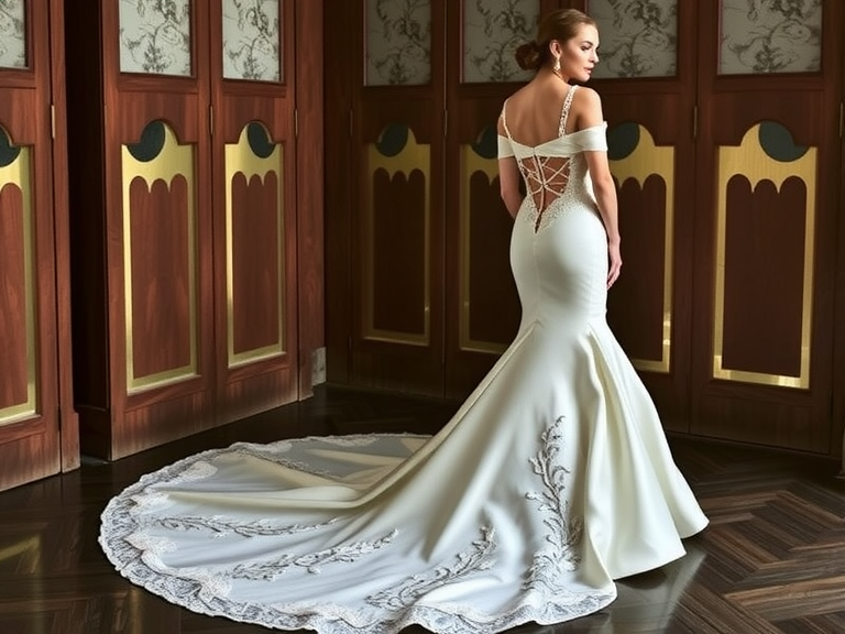 Stunning mermaid wedding dress made from luxurious satin with lace appliqués, hugging the bride’s silhouette and flaring out at the knees, featuring a sweetheart neckline and off-the-shoulder straps, perfect for a romantic bridal look.