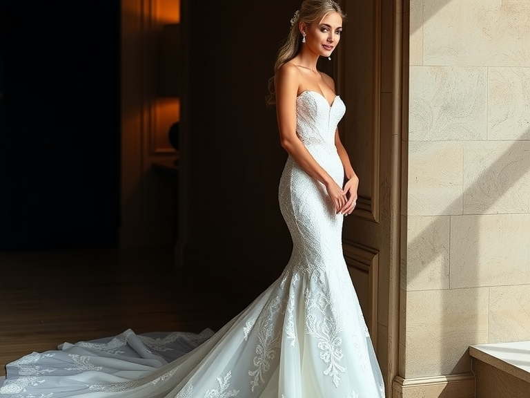 Stunning mermaid wedding dress with intricate lace detailing, fitted bodice, elegantly flared skirt, vintage charm, sweetheart neckline, and subtle train for graceful movement.