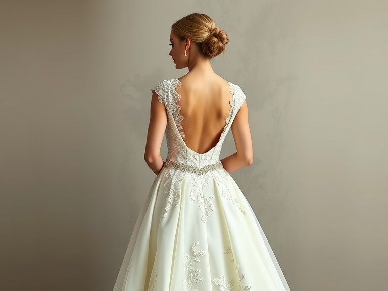 A-line wedding dress featuring satin and lace, V-neckline, flowing skirt with floral lace appliqués, delicate lace back with button details.