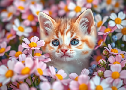 "Adorable kitten nestled among colorful flowers in soft pastels, featuring bright curious eyes, creating a cheerful and vibrant phone wallpaper."