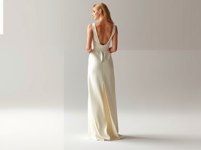 Minimalistic long wedding dress in luxurious silk with a straight silhouette, boat neckline, subtle side slits, and keyhole back detail, exuding effortless elegance.