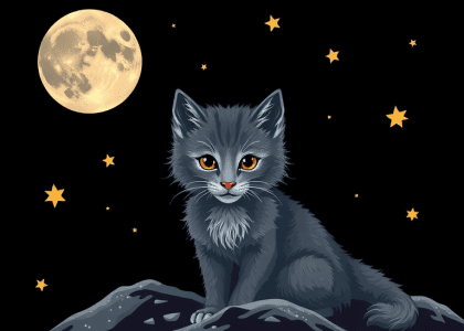 "Moon and stars wallpaper featuring a cute kitten on a dark black background, perfect for iPhone, alongside a captivating wolf wallpaper with green accents and charming cute animal clipart."