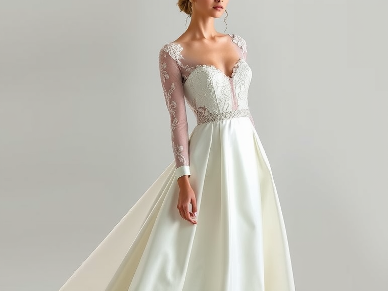 Elegant A-line wedding dress with sweetheart neckline, luxurious satin fabric, flowing floor-length skirt, intricate lace appliqués on the bodice, and delicate beading highlighting the neckline, perfect for a romantic bridal look.