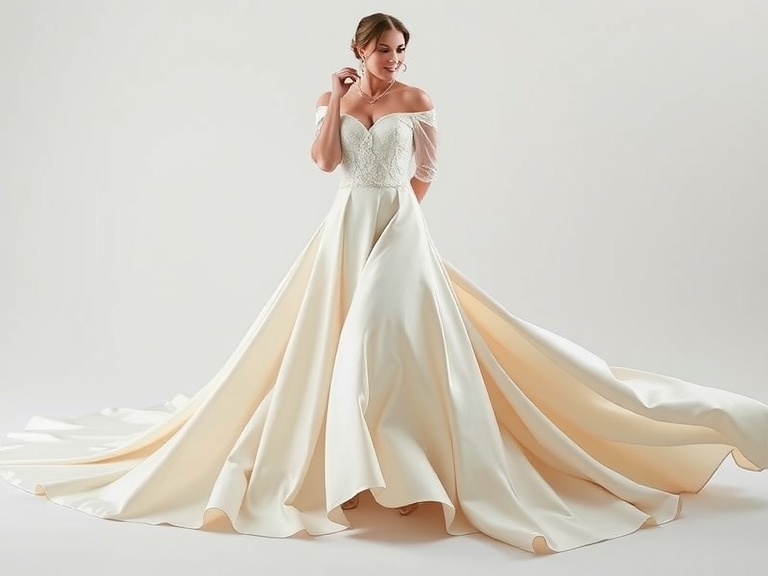 Flowing A-line plus size wedding dress with draped satin skirt, fitted lace bodice adorned with floral appliqués, sweetheart neckline, and sheer overlay for a romantic ceremony.