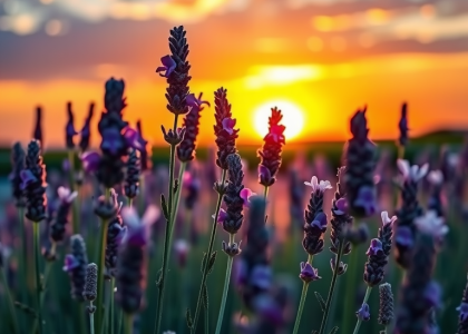 Tranquil lavender fields swaying gently against a vibrant sunset, warm hues blending with delicate purple flowers, creating a soothing atmosphere perfect for calming phone wallpaper.