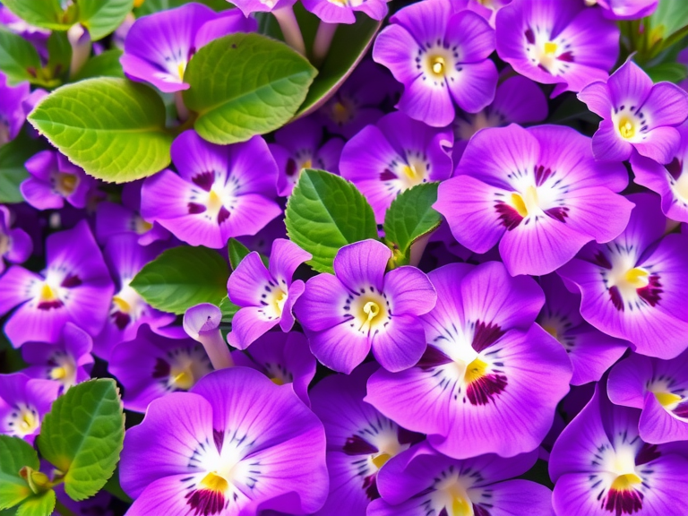 "Vibrant sweet violet flowers in various shades of purple create a stunning spring wallpaper, evoking tranquility and the elegance of a blooming garden."