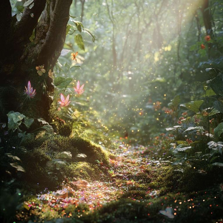 Whimsical forest scene with dappled sunlight filtering through lush green leaves, a soft moss carpet, vibrant iridescent flowers, and tiny glowing fairies leaving trails of sparkling pixie dust.