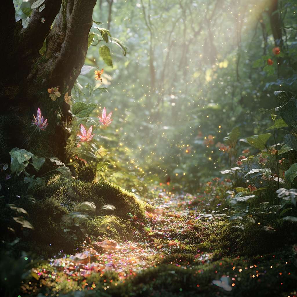 Whimsical forest scene with dappled sunlight filtering through lush green leaves, a soft moss carpet, vibrant iridescent flowers, and tiny glowing fairies leaving trails of sparkling pixie dust.