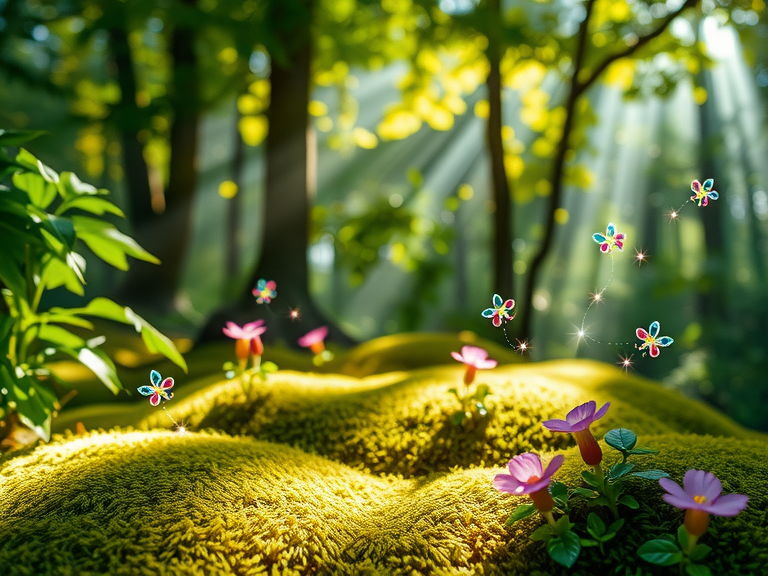 Whimsical forest scene with dappled sunlight filtering through lush green leaves, soft moss carpet, vibrant iridescent flowers, and tiny glowing fairies leaving trails of sparkling pixie dust.